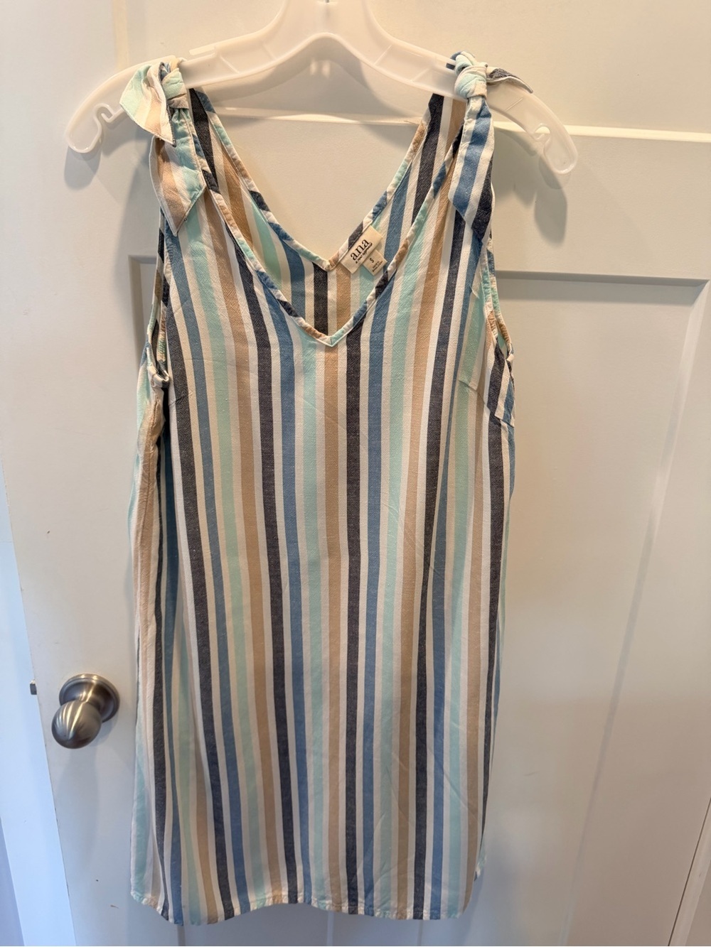 ANA Linen Blend Striped Tie Shoulder Dress Small Blue Coastal Beach Vacation